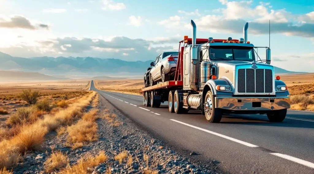 A professional Snappy Towing flatbed truck hauling a luxury SUV on a long highway stretch outside of Shawnee at dawn.