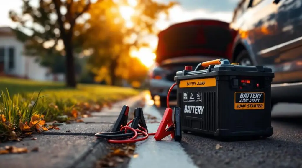 A Snappy Towing technician using a professional booster pack to jump start a car in Shawnee.