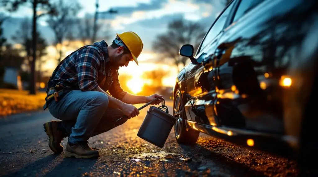 A professional Snappy Towing technician using specialized lockout tools to safely unlock a sedan in Shawnee at dusk.