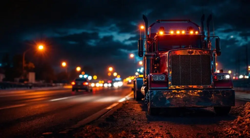 A Snappy Towing flatbed truck with amber safety lights assisting a disabled vehicle on the Lynnway at night in Shawnee.
