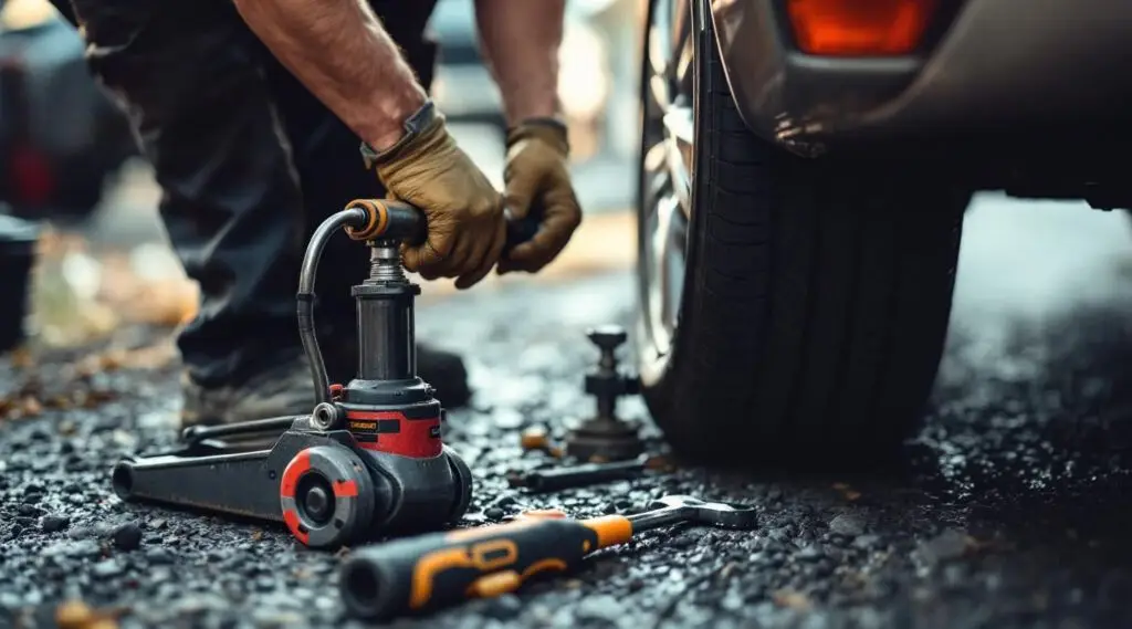 A professional Snappy Towing technician using a floor jack to change a flat tire on a busy Shawnee roadside at dusk.