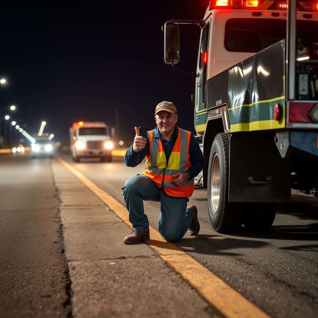 Snappy Towing technician in uniform offering a friendly, reassuring gesture next to a tow truck in Grandview, Missouri.
