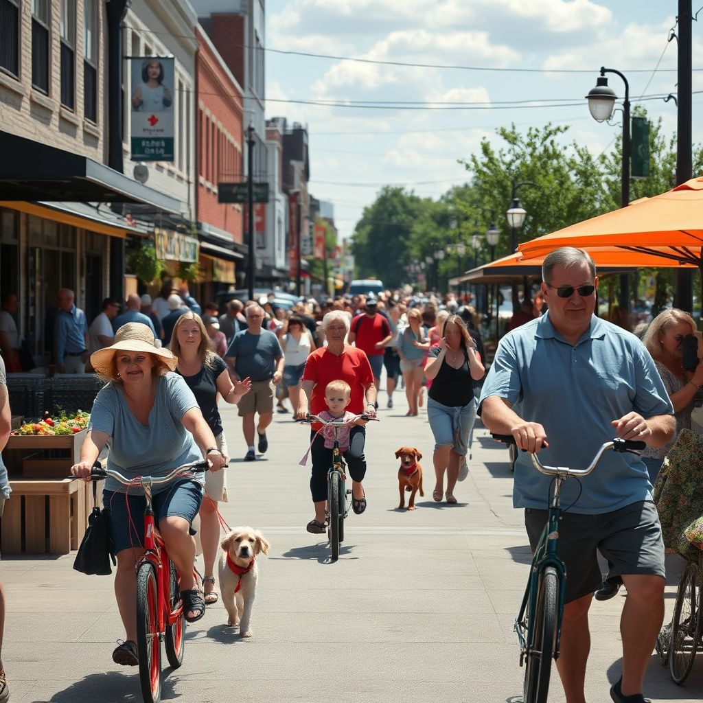 Historic brick buildings lining a street in Downtown Lee's Summit, Missouri, with local shops and pedestrian activity under a sunny sky.