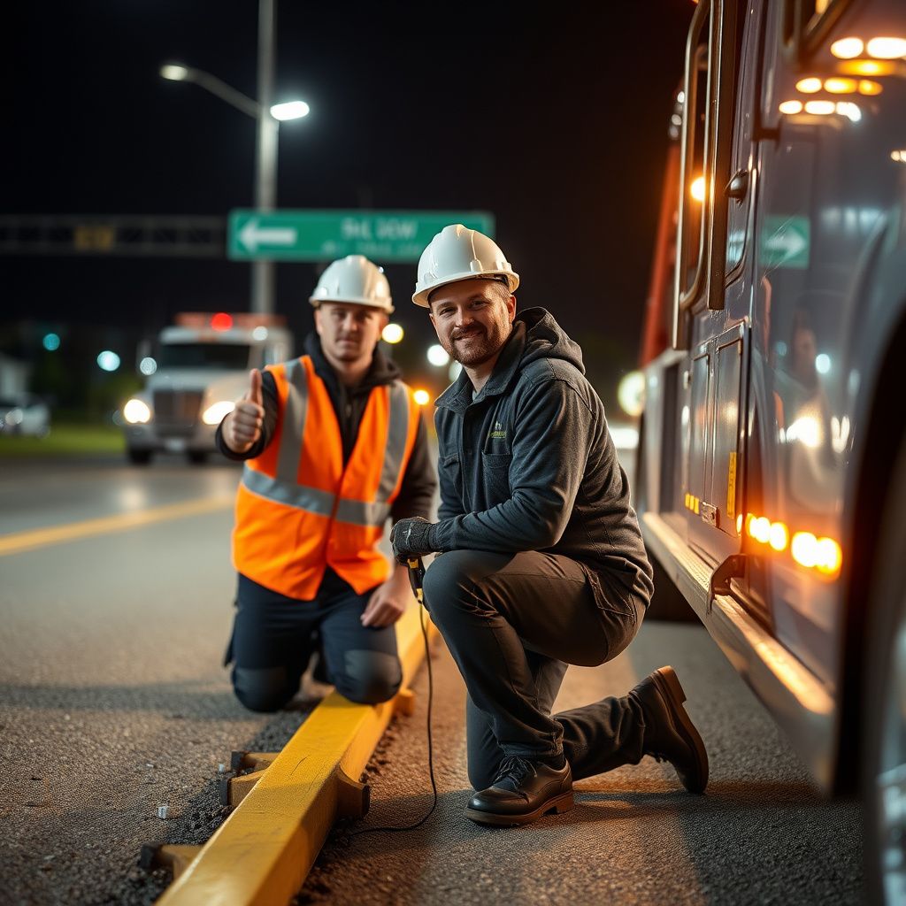 A Snappy Towing technician in uniform changing a tire on the side of a road in Excelsior Springs, Missouri, with a tow truck visible.