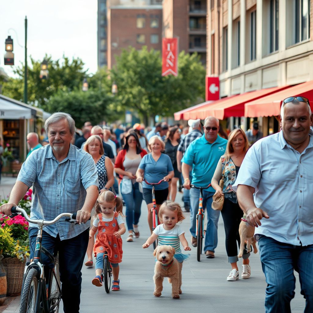 A bustling scene at the Downtown Overland Park Farmers Market on a sunny Saturday morning, with local vendors and residents browsing produce and crafts.