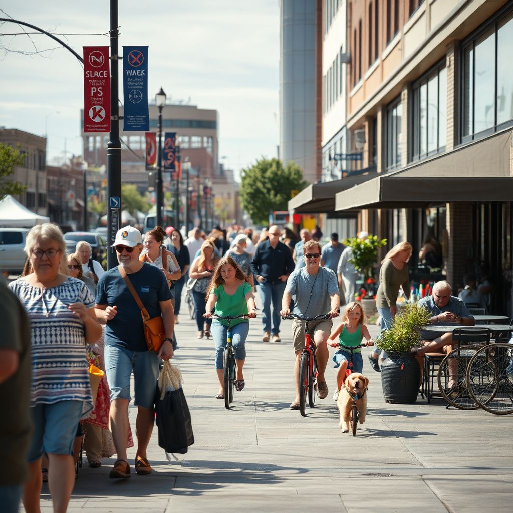 Historic buildings lining a tree-shaded street in downtown Olathe, Kansas, with cars parked along the curb and people walking on the sidewalks.