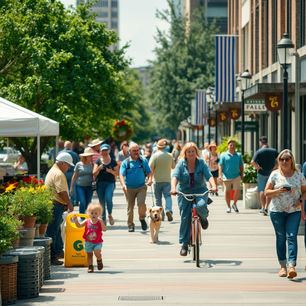 Historic downtown Blue Springs street with brick buildings, local shops, and mature trees under a clear blue sky.