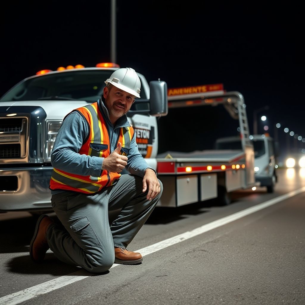 A Snappy Towing professional assisting a motorist with a tire change on a safe shoulder near a Blue Springs highway, with traffic in the background.