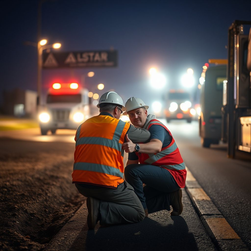 A Snappy Towing technician in uniform speaking with a customer next to a disabled car on a street in Shawnee, Kansas, with a tow truck nearby.