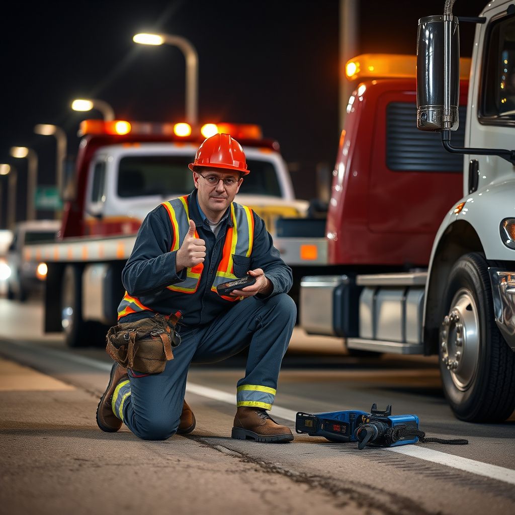 A Snappy Towing professional giving a thumbs up next to a tow truck in a Raytown residential area, emphasizing friendly service.